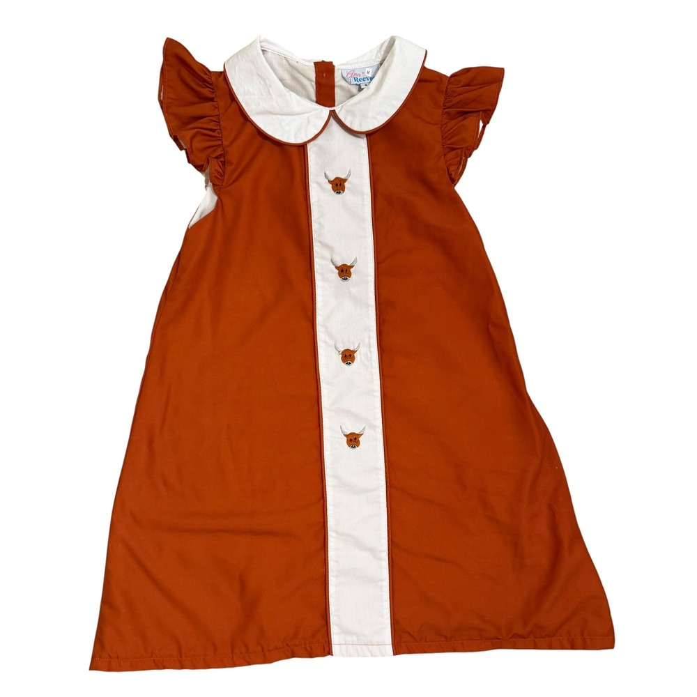 Ann Reeves Orange Texas Longhorn Dress Girls Ruffle Sleeve Collar EUC 6